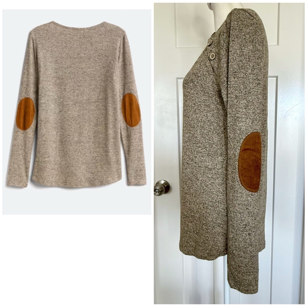 Pink Clover Luna Elbow Patch Button Knit Top | XS | Taupe - Picture 2 of 5
